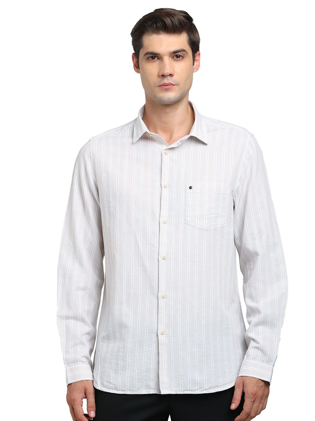 

Turtle Men Relaxed Spread Collar Striped Cotton Linen Slim Fit Casual Shirt, Off white