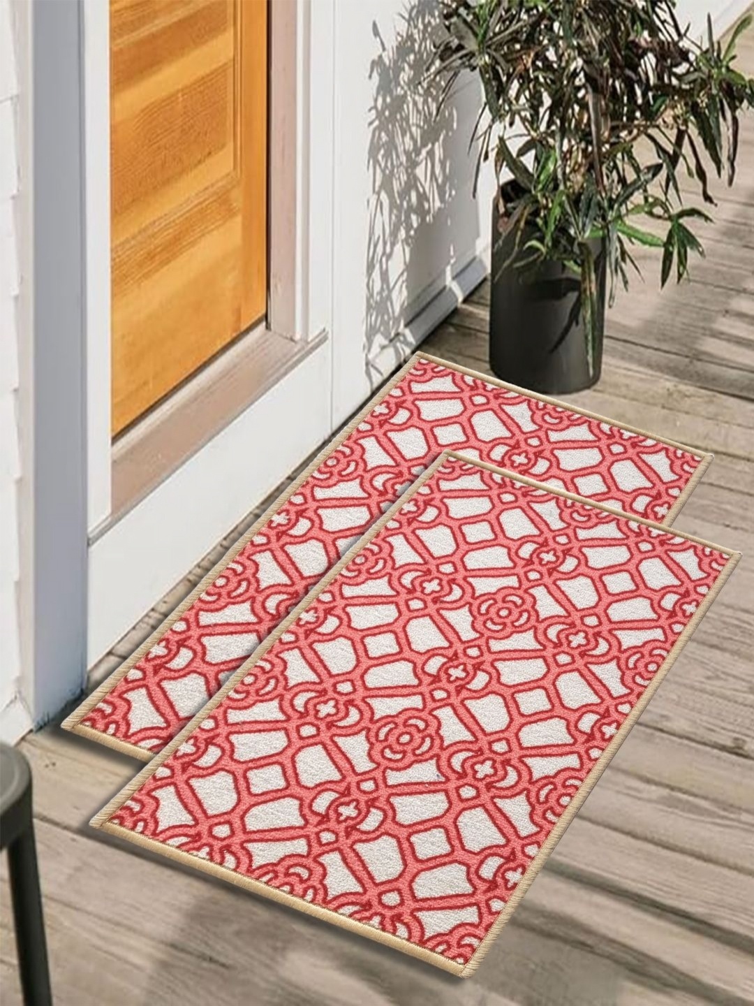 

Matz and More 2 Pieces Red & White Floral Printed Anti-Skid Doormats