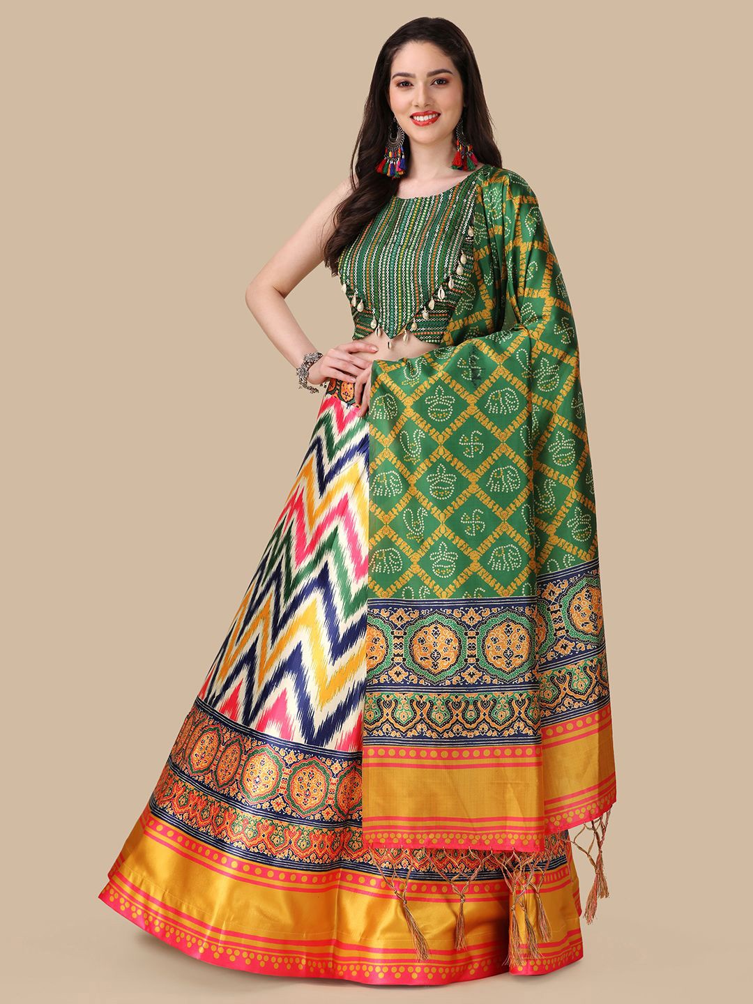 

Kaizen TEXO FAB Printed Semi-Stitched Lehenga & Unstitched Blouse With Dupatta, Green