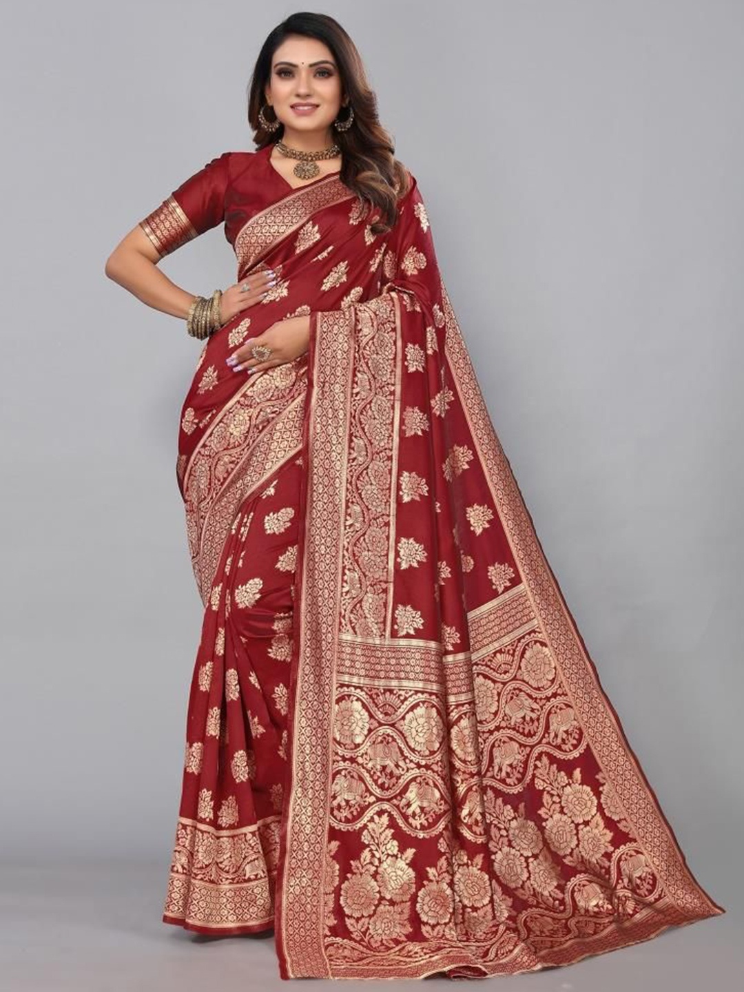 

LEAFFEB Woven Design Zari Pure Silk Banarasi Saree, Maroon