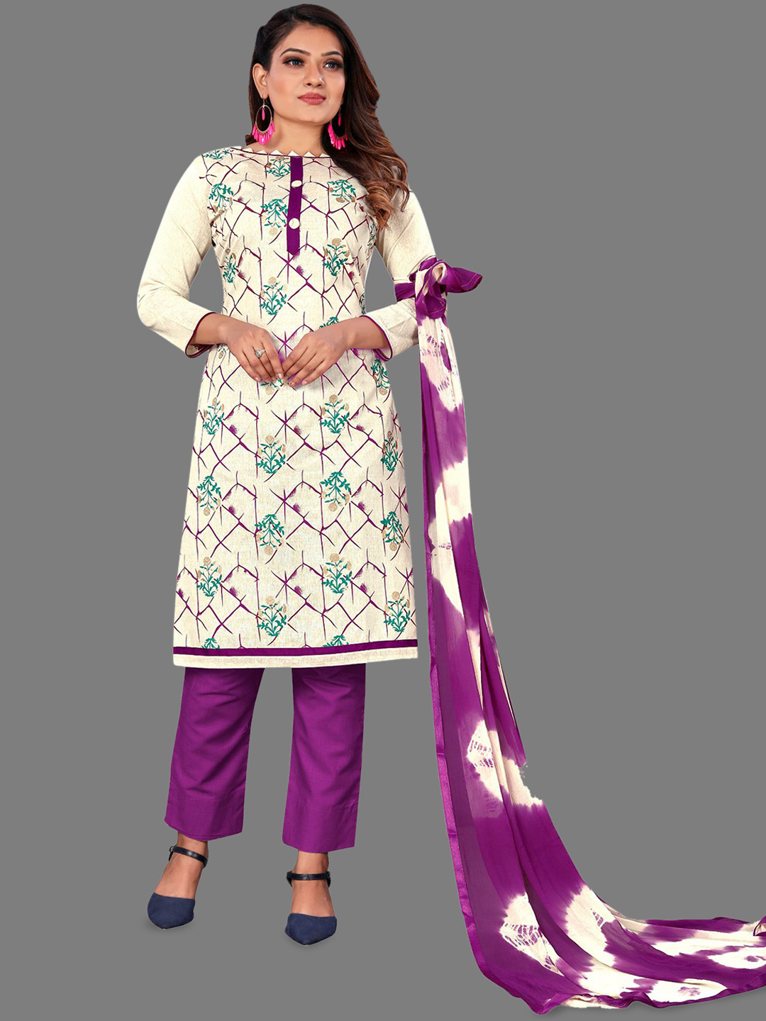 

LADY SHOPI Floral Embroidered Pure Cotton Unstitched Dress Material, Lavender