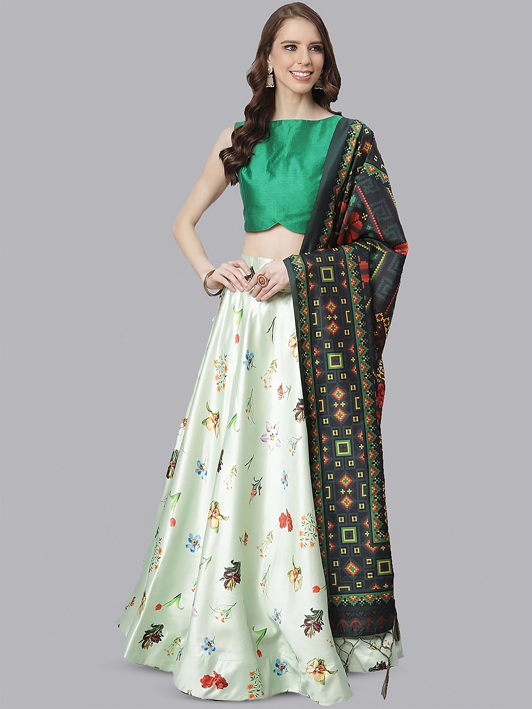 

Kaizen TEXO FAB Printed Satin Semi-Stitched Lehenga & Unstitched Blouse With Dupatta, Olive