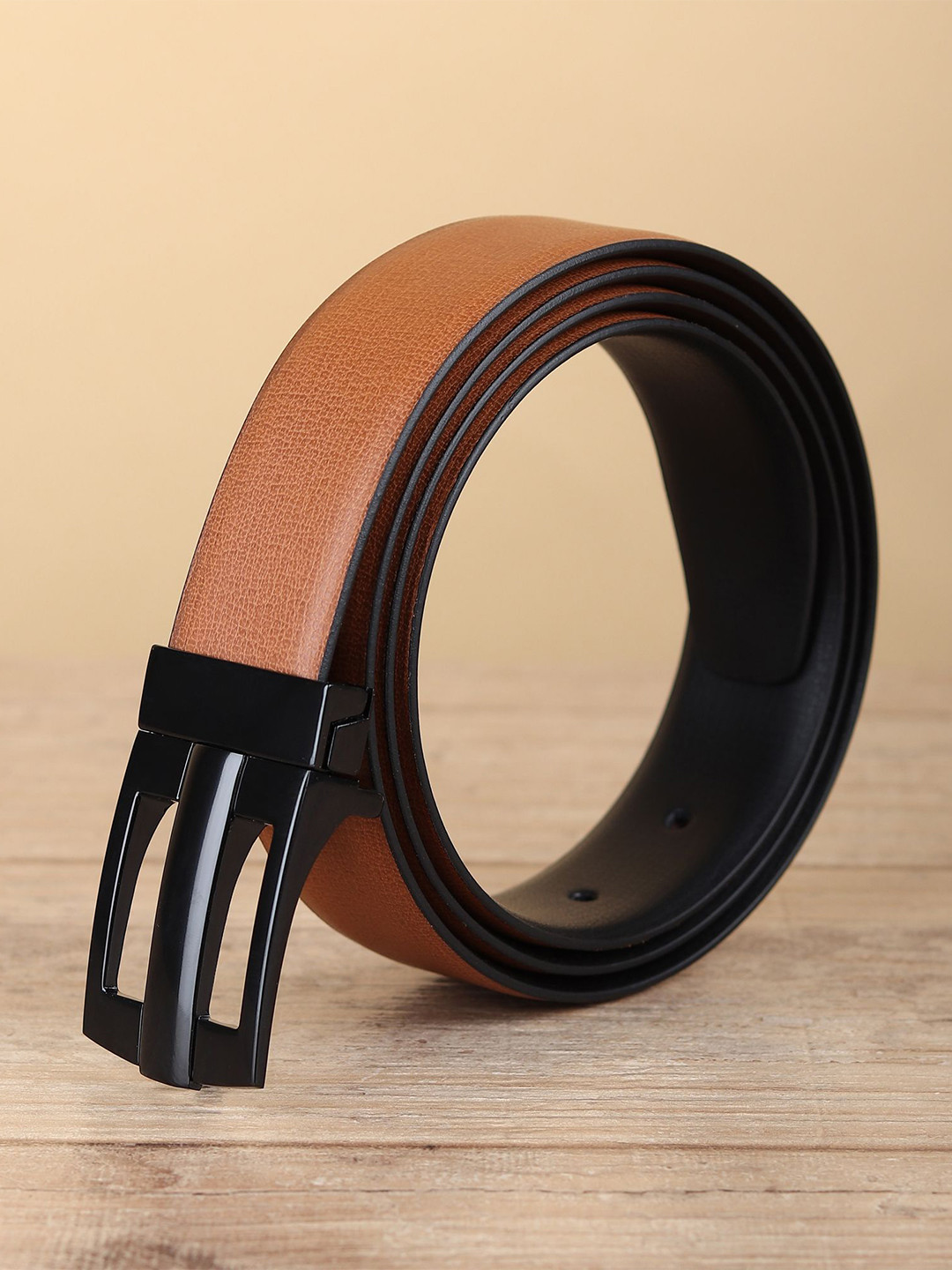 

WINSOME DEAL Men Push Pin Closure Textured Formal Belt, Tan