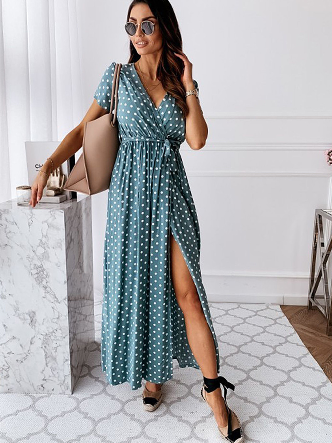 

LULU & SKY Polka Dot Print Wrap Maxi Dress, Blue