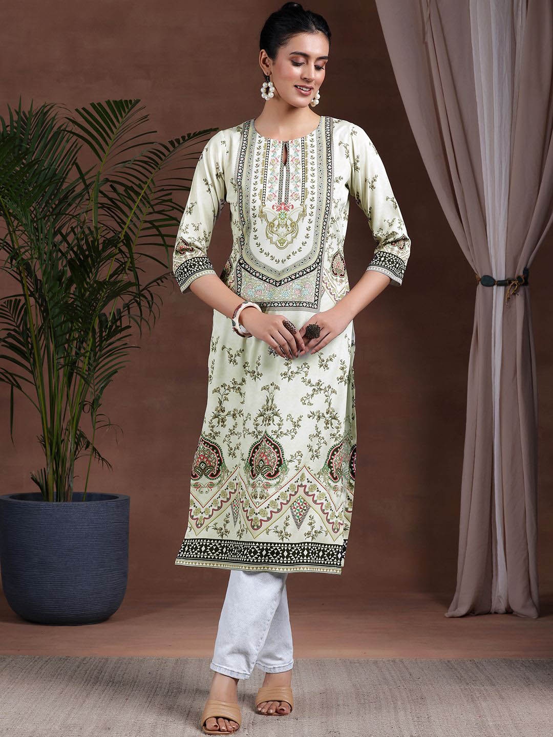 

Libas Keyhole Neck Ethnic Motifs Straight Kurta, Beige