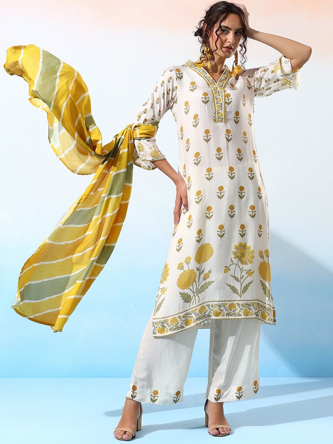 

Bani Women Floral Printed Pure Silk Straight Kurta with Palazzos & Dupatta, Mustard