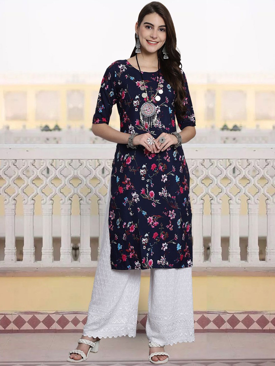 

7Threads Floral Printed Round Neck Straight Kurta, Navy blue