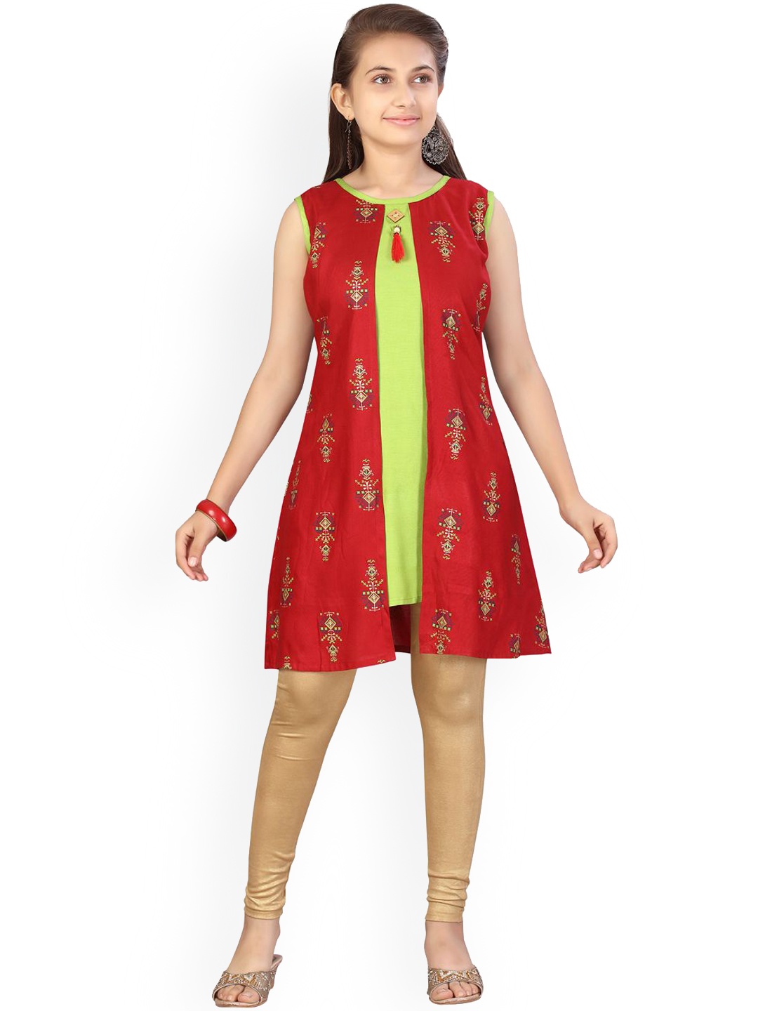 

BAESD Girls Ethnic Motifs Printed Cotton A-Line Kurta, Red