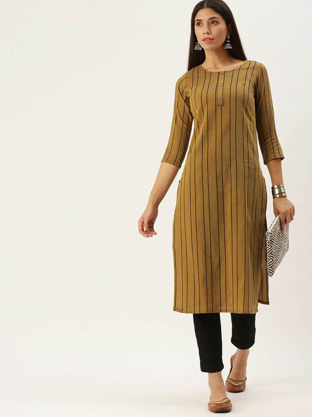 

KALINI Striped Printed Straight Kurta, Mustard