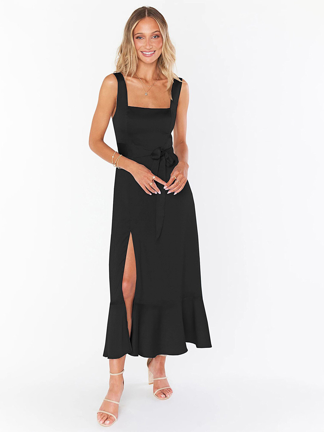 

LULU & SKY Tie-up Shoulder A-Line Midi Dress, Black