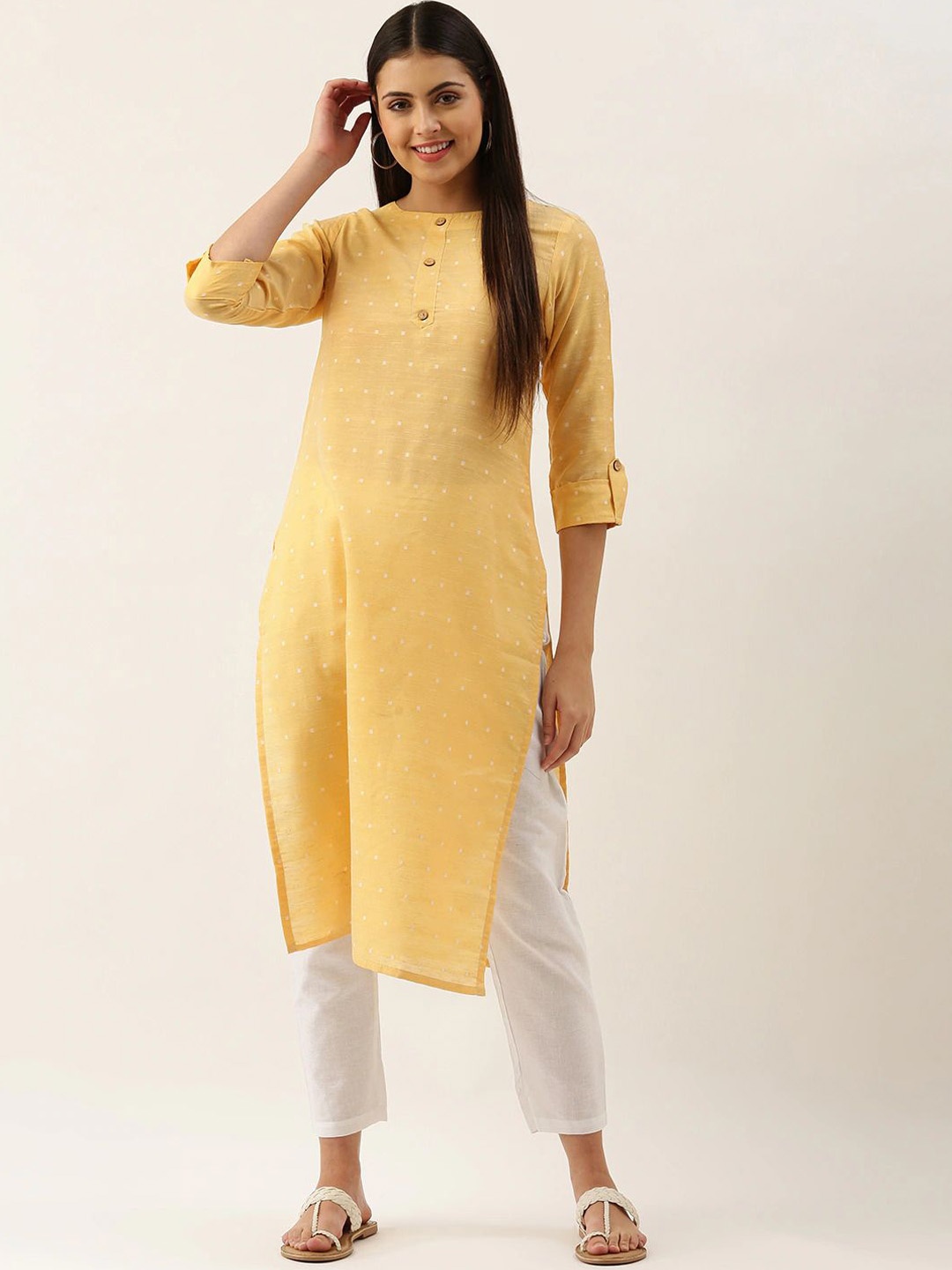 

KALINI Geometric Woven Design Round Neck Roll Up Sleeves Straight Kurta, Yellow