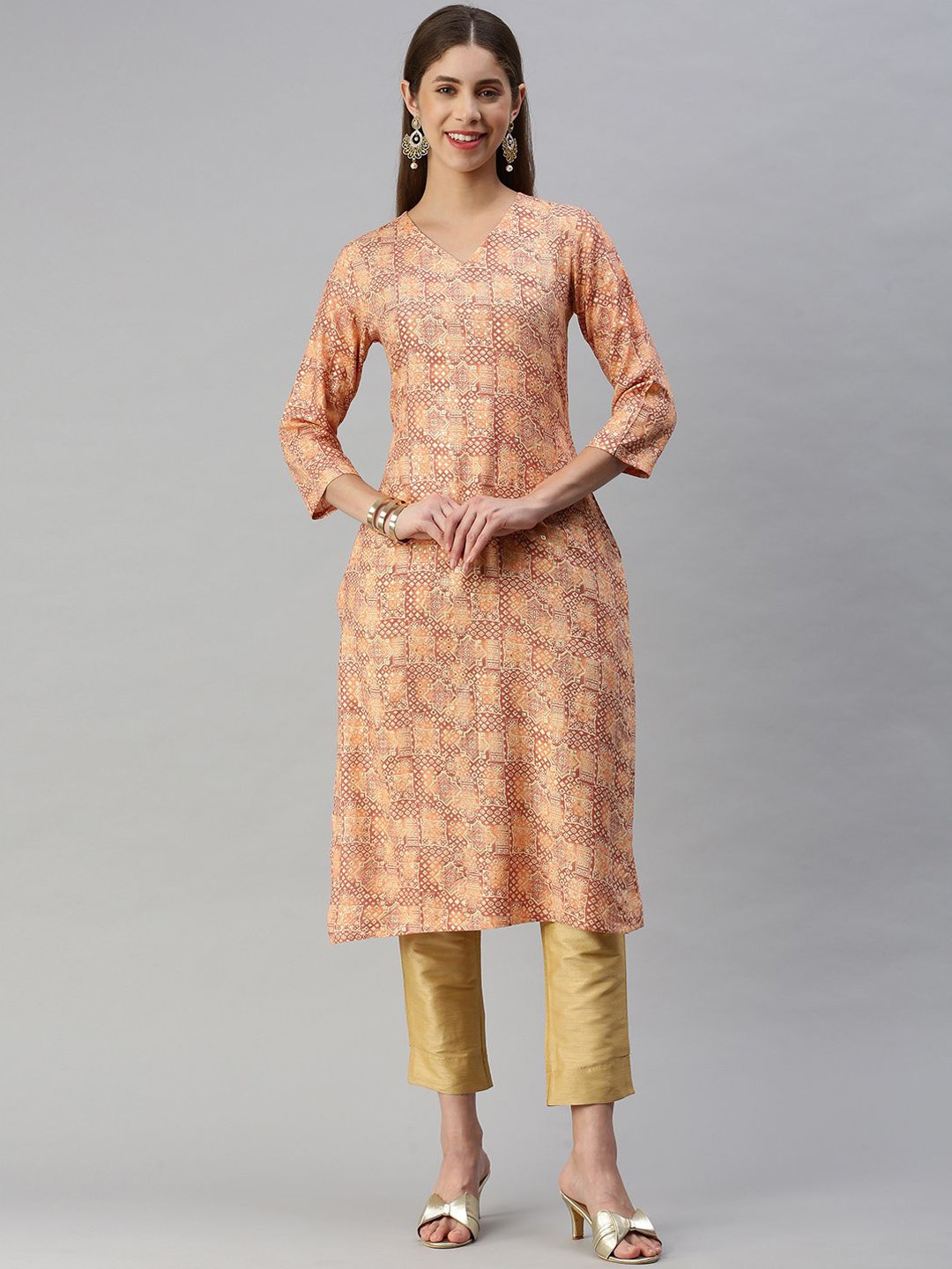 

KALINI Ethnic Motifs Printed Straight Kurta, Peach