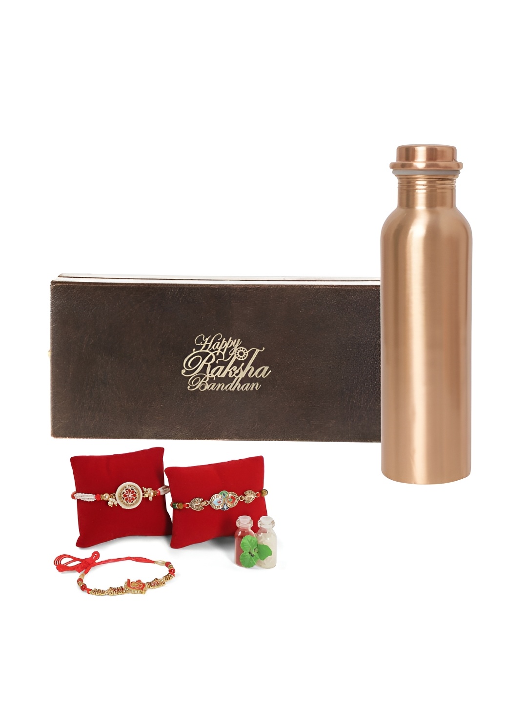 

INTERNATIONAL GIFT Set Of 4 Rakhis With Copper Water Bottle & Roli Chawal, Red