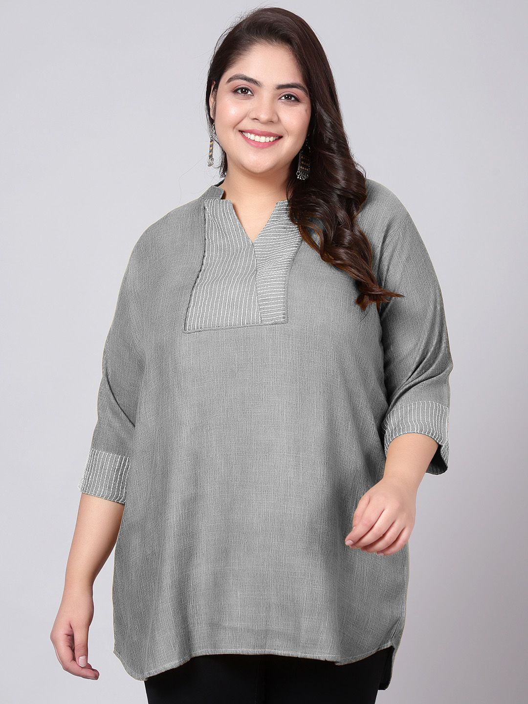 

Indietoga Women Plus Size Striped Mandarin Collar Cotton Top, Grey