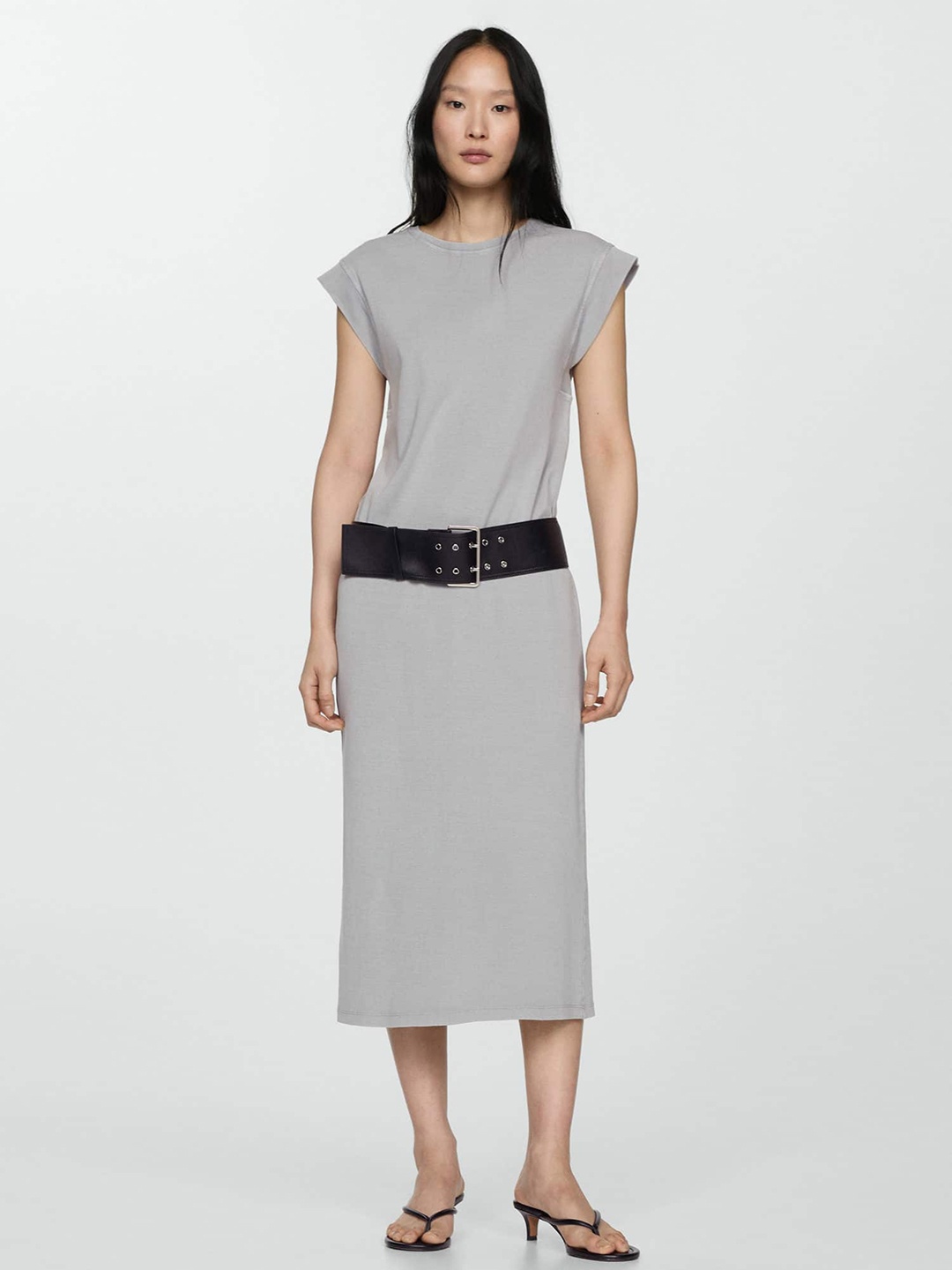 

MANGO Belted Pure Cotton Sheath Midi Dress, Grey