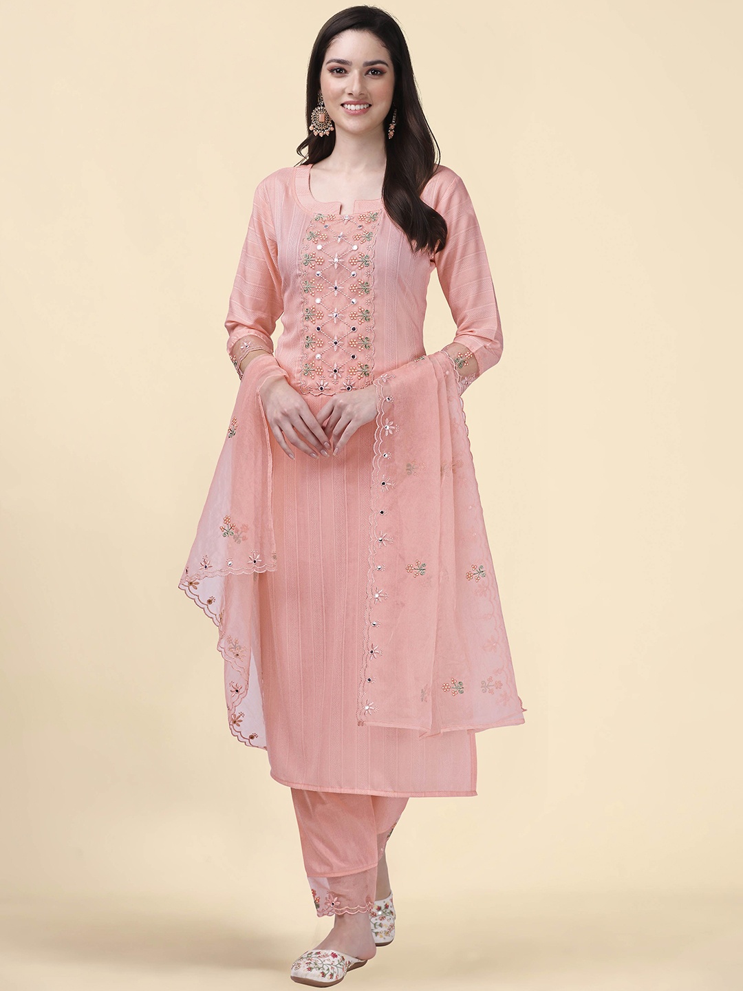 

Trendmalls Floral Embroidered Yoke Design Mirror Work Kurta With Trousers & Dupatta, Pink