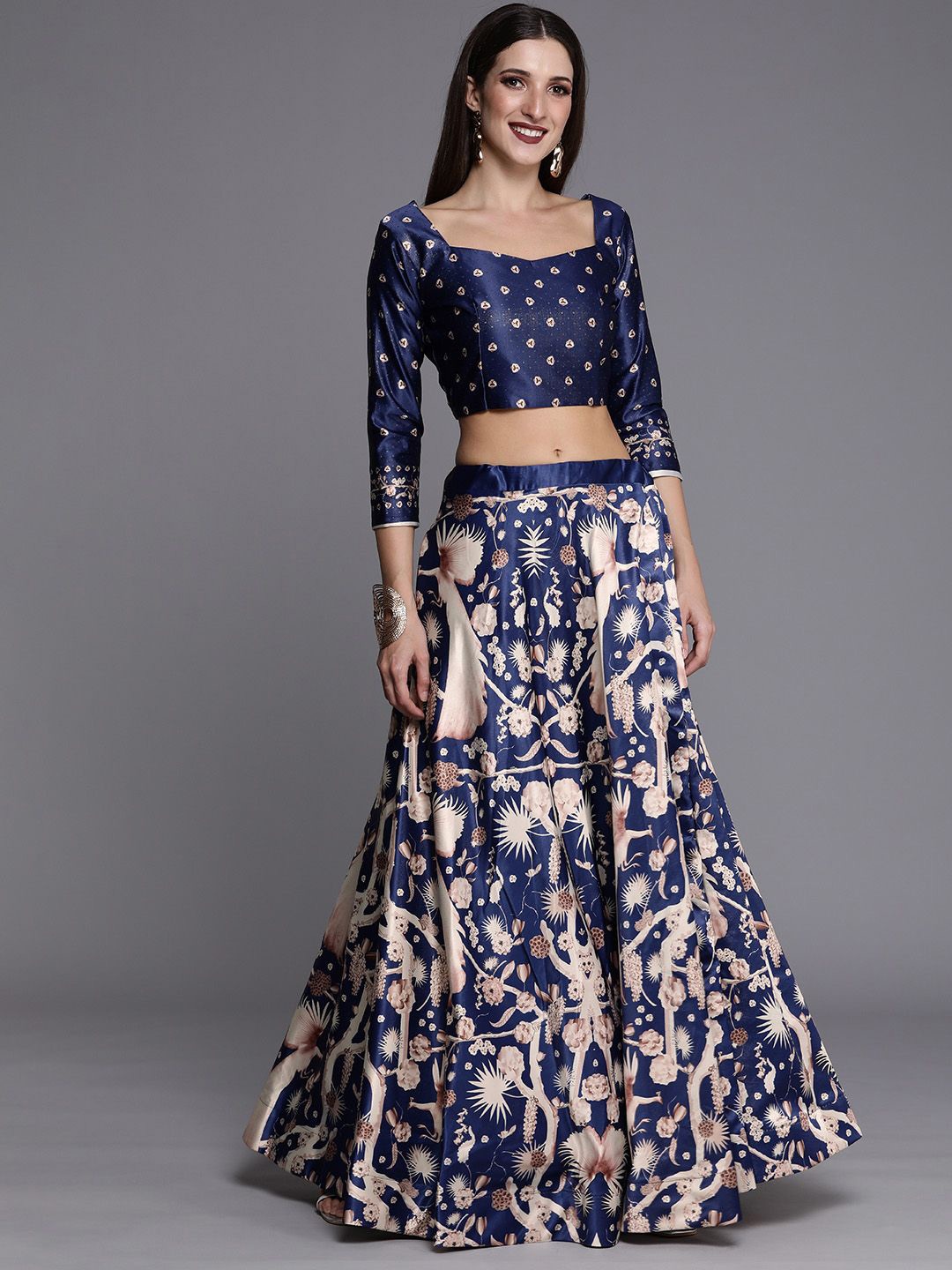 

Kaizen TEXO FAB Printed Satin Semi-Stitched Lehenga & Unstitched, Blue