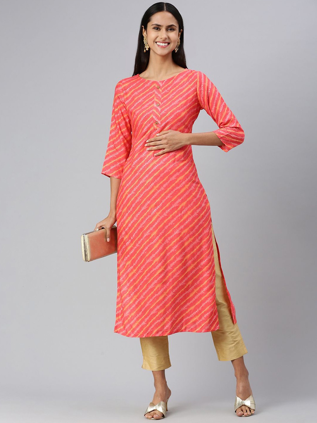 

KALINI Leheriya Printed Round Neck Straight Kurta, Pink