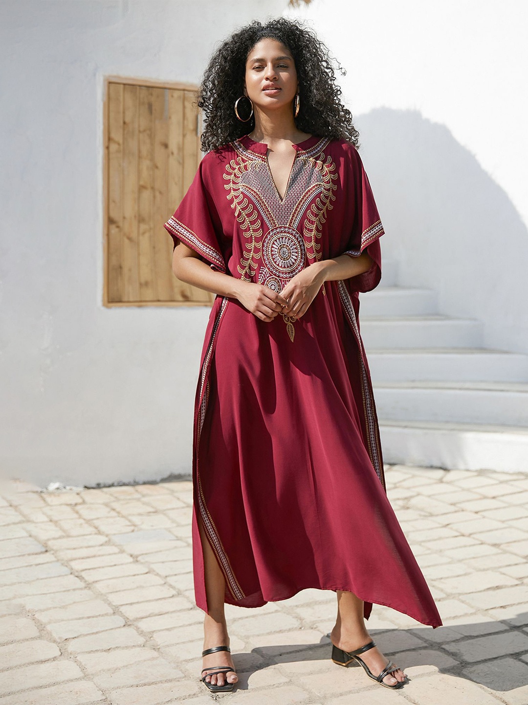 

LULU & SKY Embroidered Kimono Sleeves Kaftan Dress, Maroon