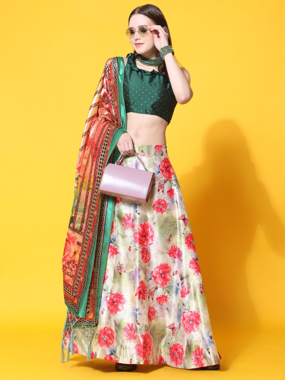 

Kaizen TEXO FAB Printed Semi-Stitched Lehenga & Unstitched Blouse With Dupatta, Green