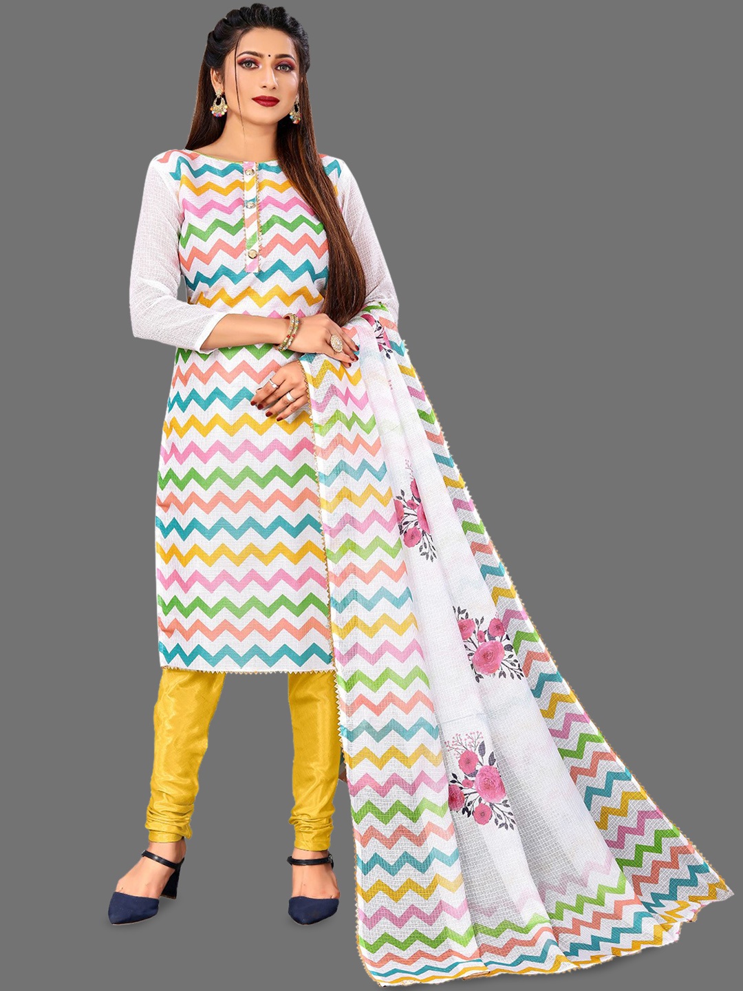 

LADY SHOPI Geometric Embroidered Pure Cotton Unstitched Dress Material, Yellow