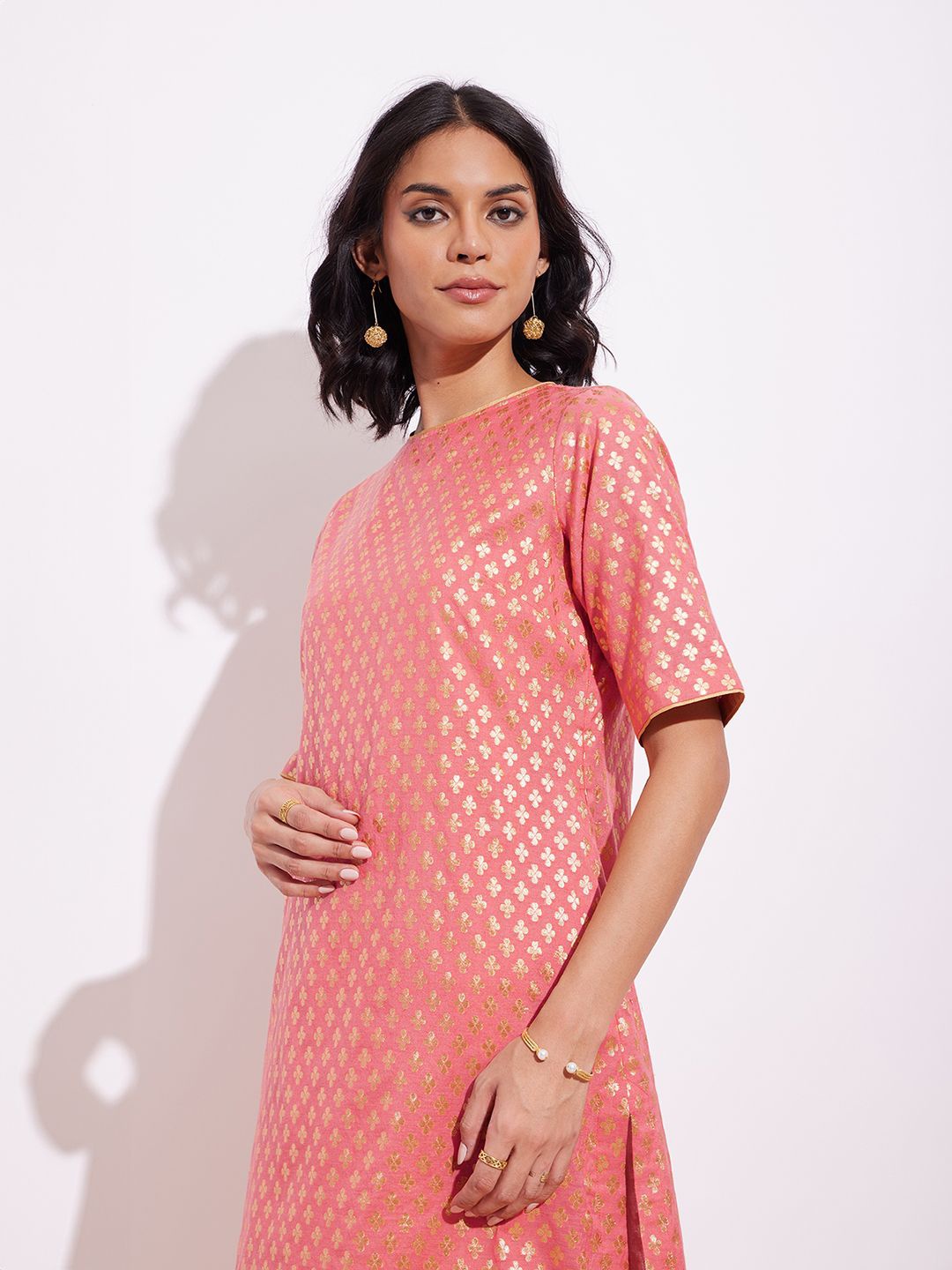 

Pink Fort Floral Woven Design Jacquard Weave Straight Kurta With Trousers, Peach