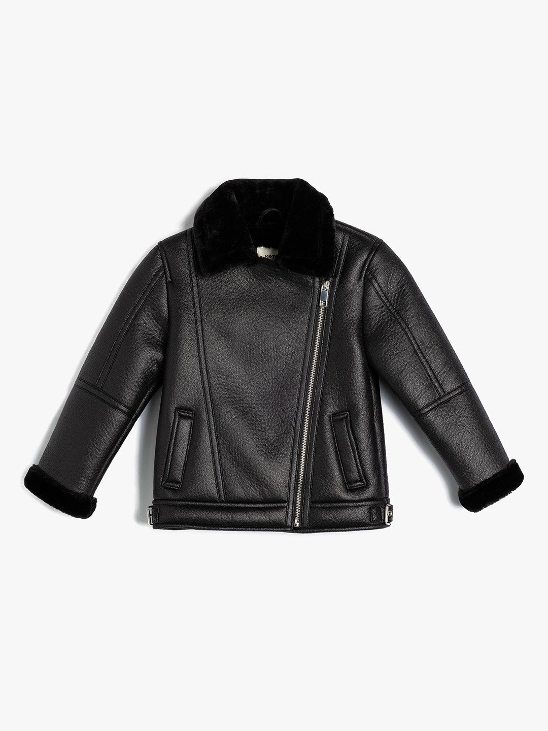 

Koton Girls Solid Shirt Collar Leather Jacket, Black