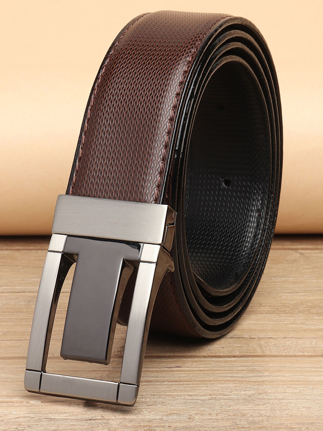 

WINSOME DEAL Men Push Pin Closure Textured Formal Belt, Brown