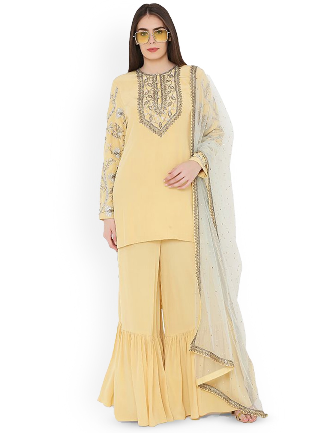 

Payal Singhal Embroidered Yoke Design Round Neck High-Low Kurta with Sharara & Dupatta, Yellow