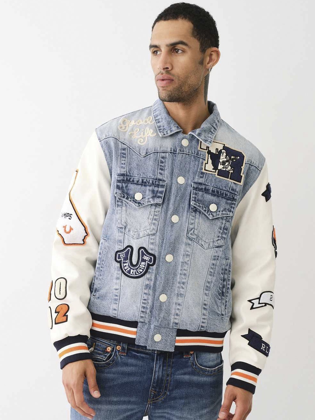 

True Religion Men Crop Open Front Jacket with Patchwork, Blue