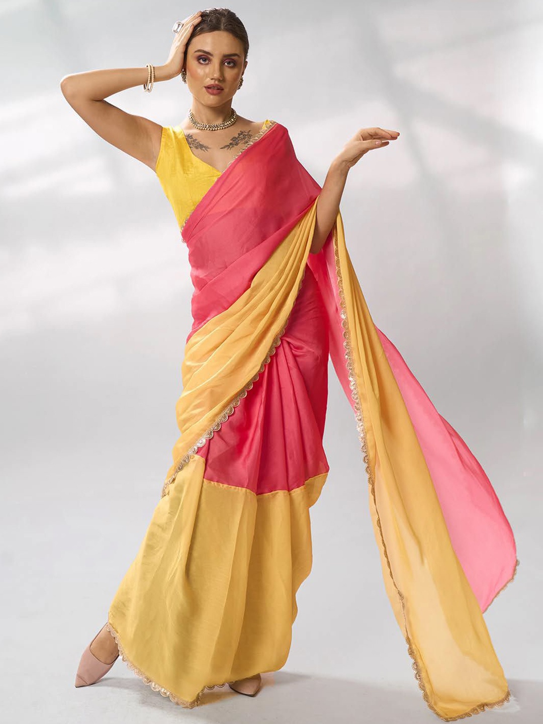 

Mitera Colourblocked Mirror Work Ready to Wear Saree, Pink