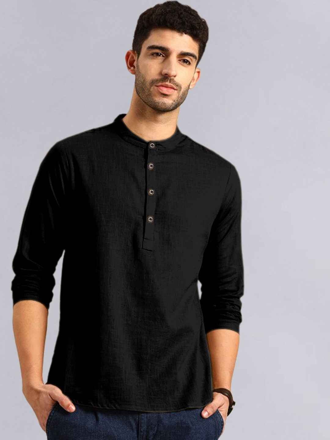 

ADWYN PETER Mandarin Collar Pure Cotton Straight Kurta, Black