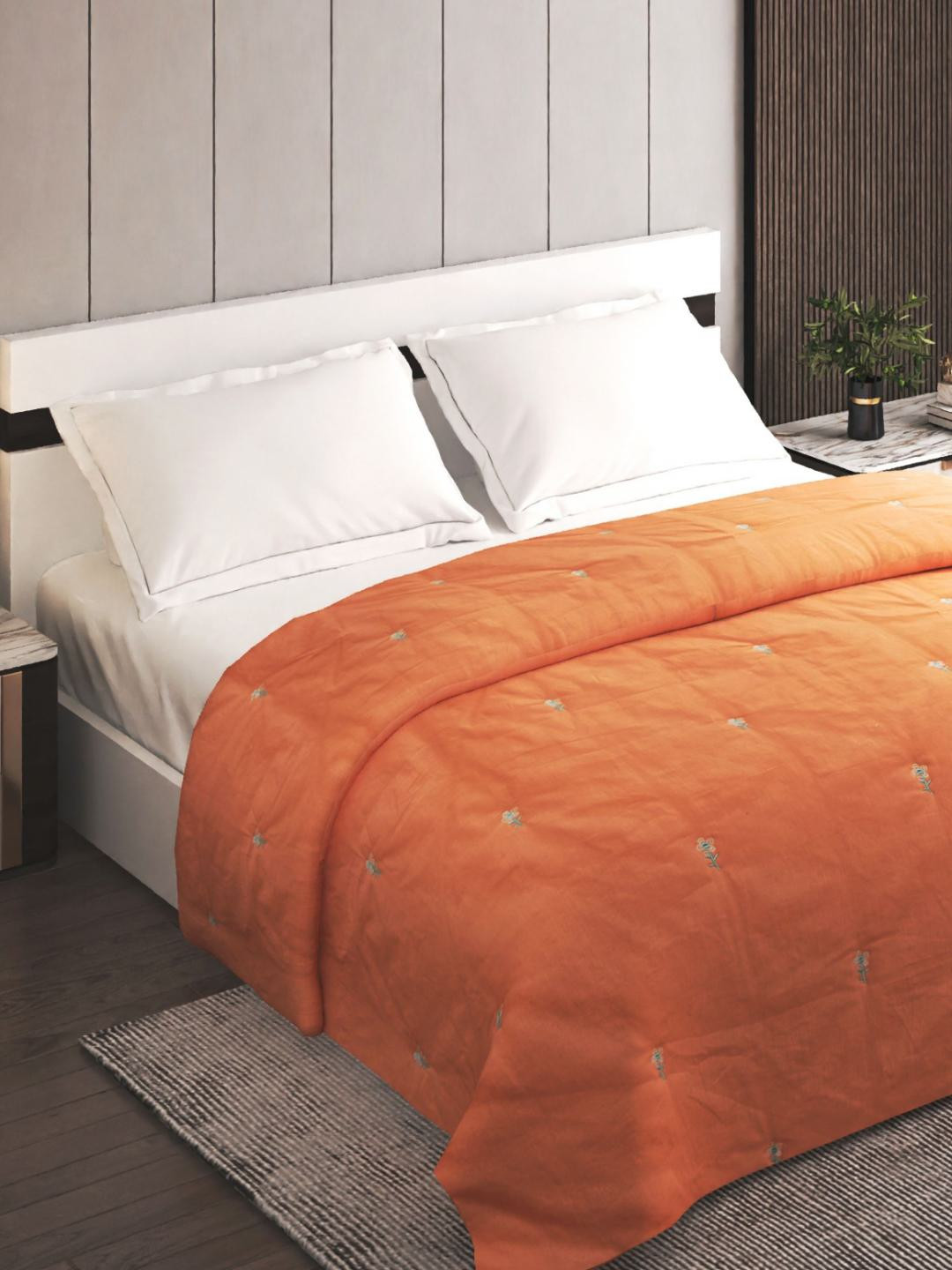 

Home Centre Peach-Coloured & Blue Floral 120 GSM Double Bed Quilt