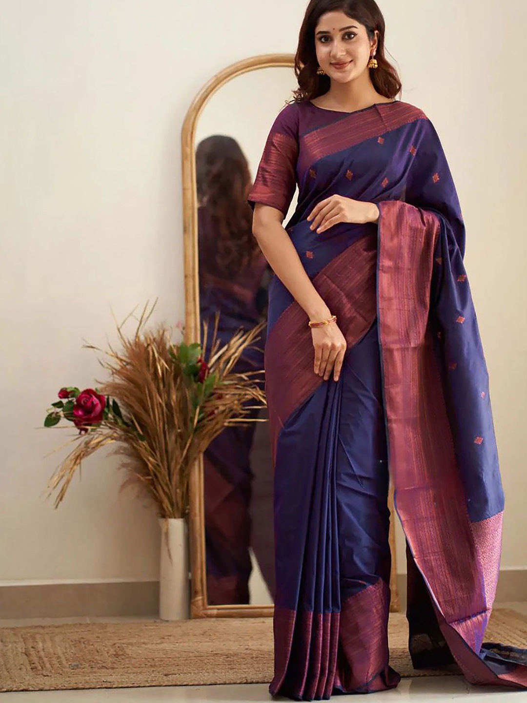 

Anjaneya Sarees Woven Design Zari Silk Blend Banarasi Saree, Navy blue