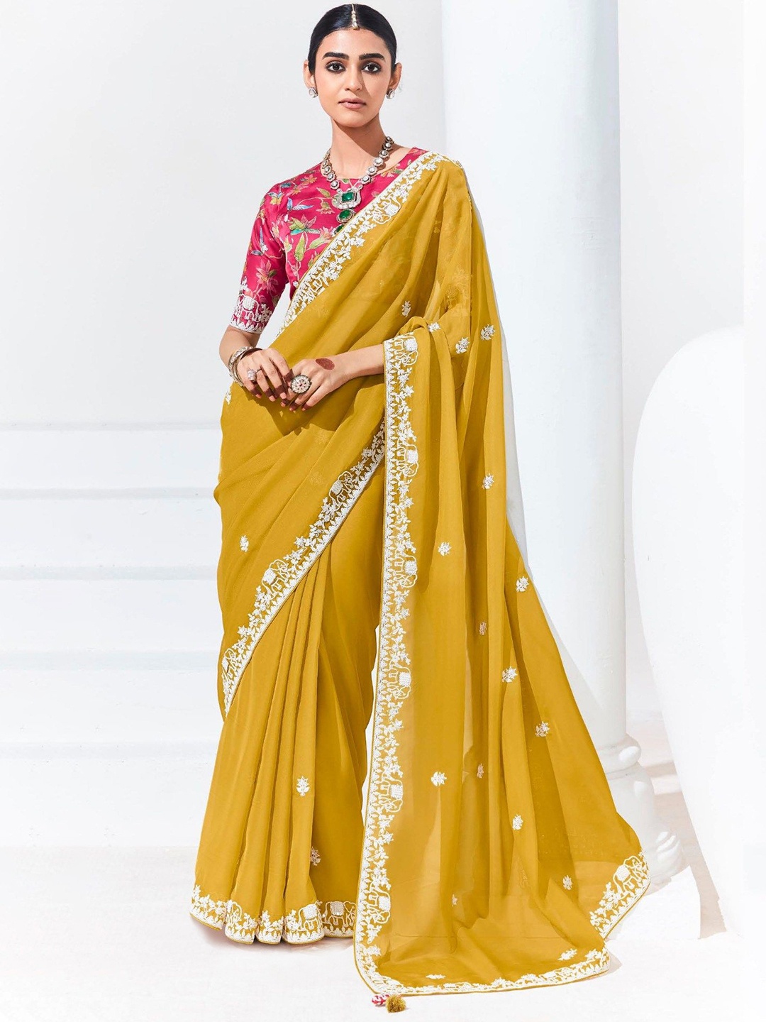 

MySilkLove Ethnic Motifs Embroidered Organza Saree, Yellow