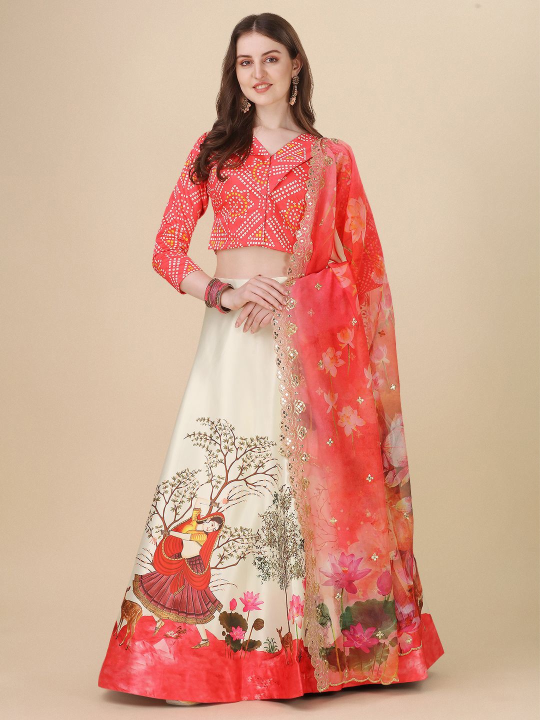 

Kaizen TEXO FAB Printed Satin Semi-Stitched Lehenga & Unstitched Blouse With Dupatta, Red