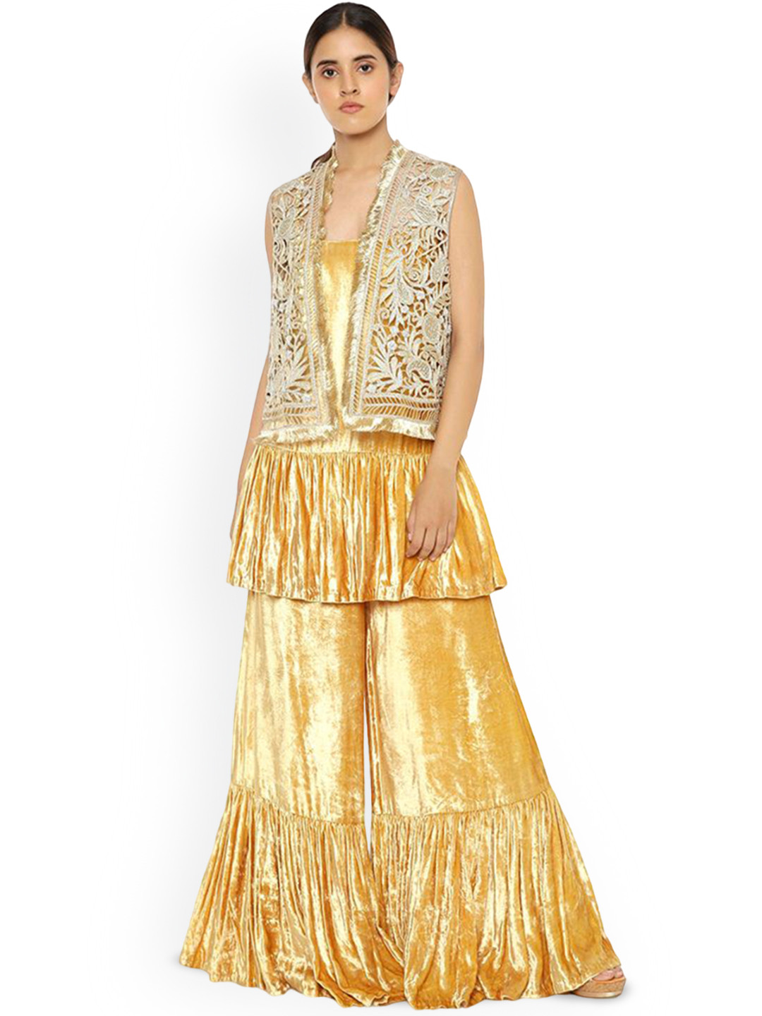

Payal Singhal Shoulder Straps Velvet A-Line Kurti with Sharara & Organza Jacket, Yellow