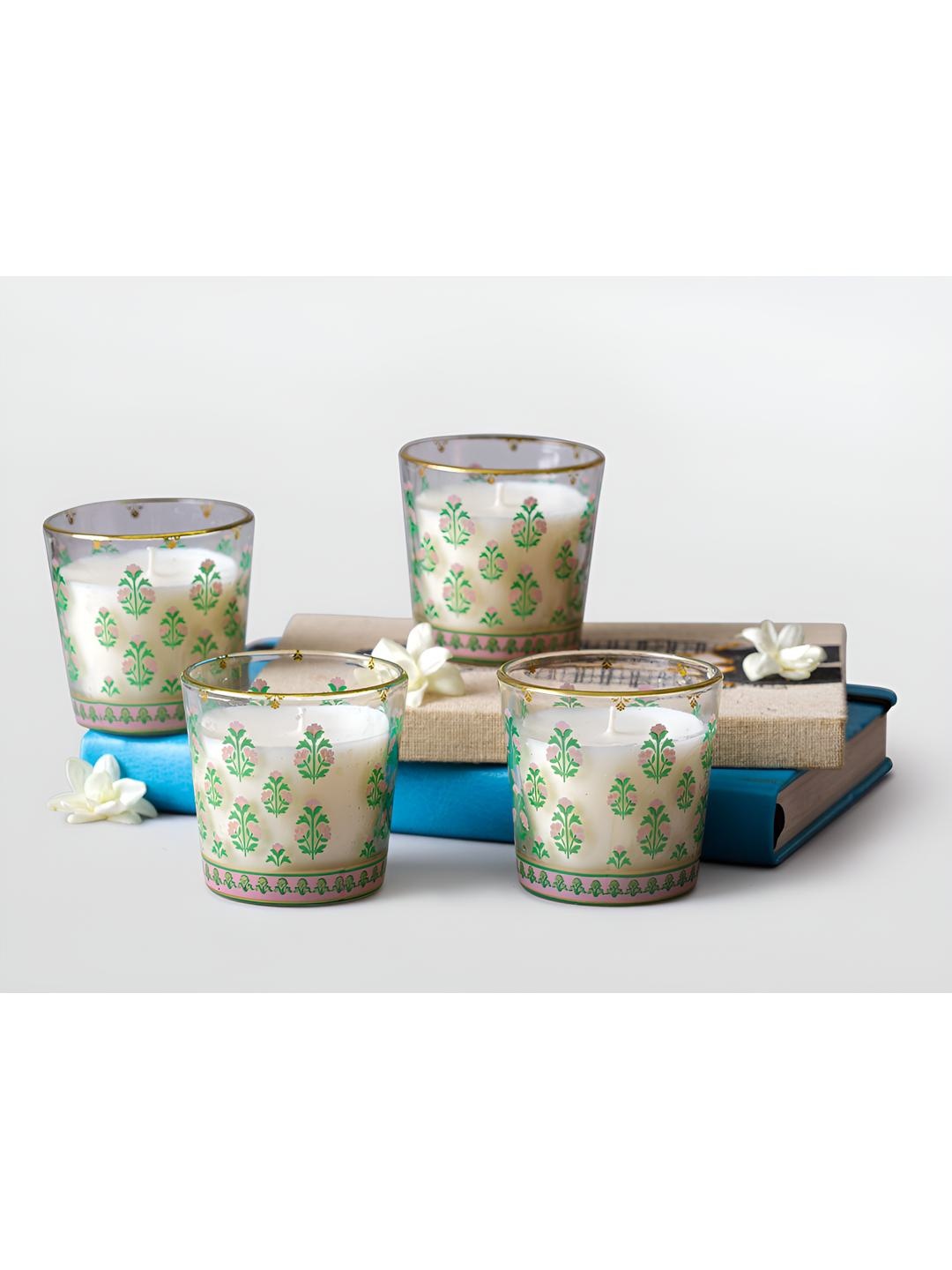 

Mirooh Green 4 Pieces Printed Round Glass Scented Candles