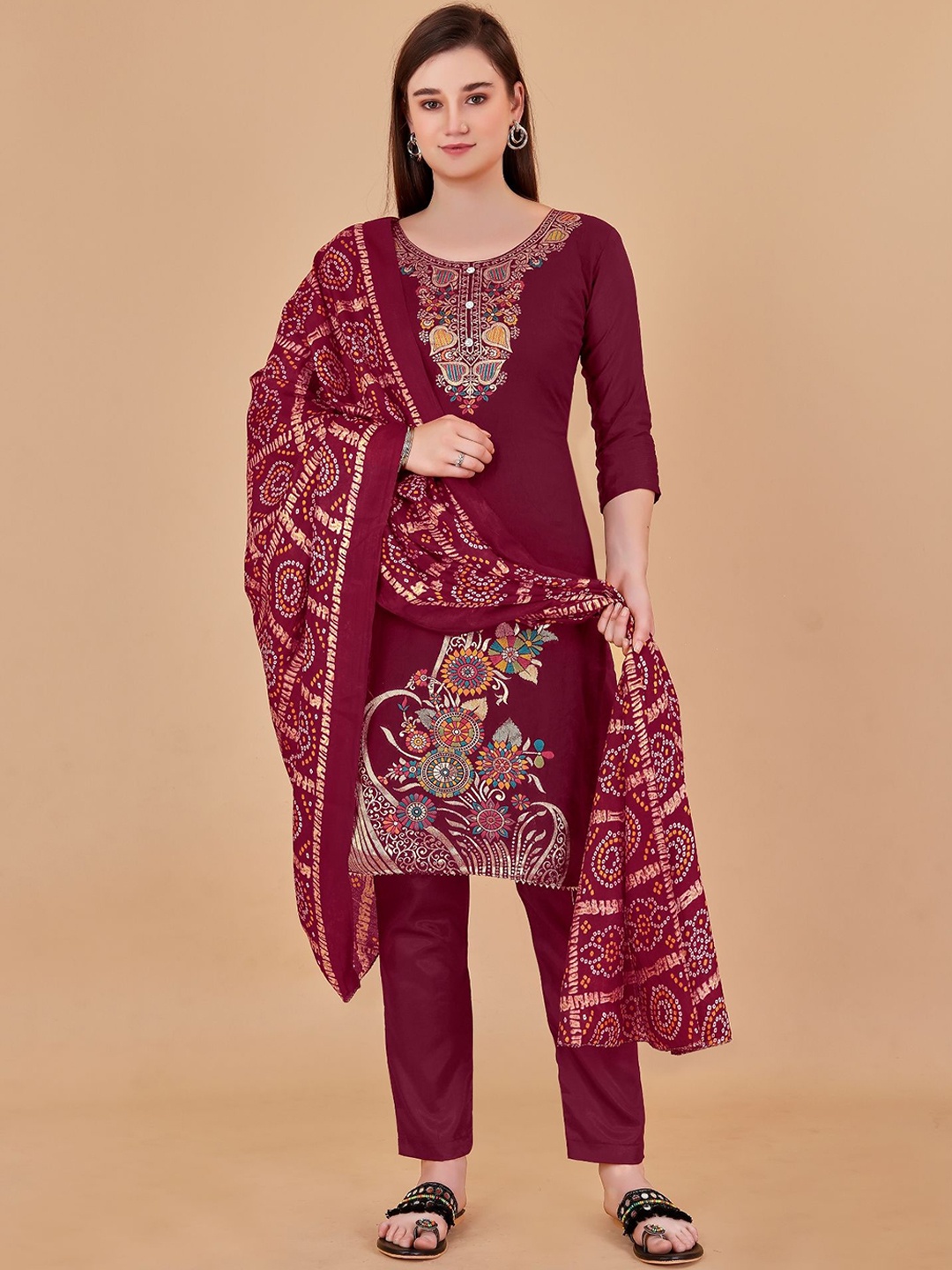 

LADY SHOPI Floral Embroidered zari Unstitched Dress Material, Maroon