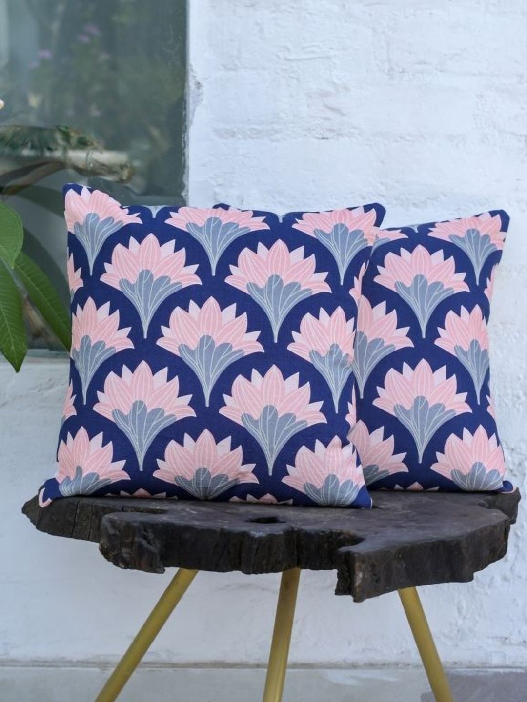 

ABSTRACT INDIA Pink & Blue 2Pieces Floral Cotton Square Cushion Cover