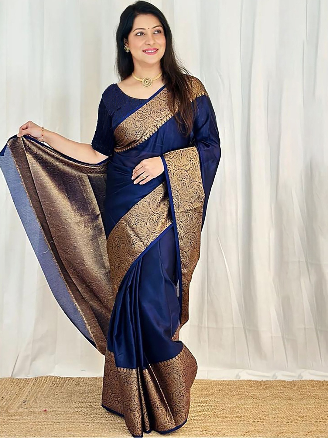 

Anjaneya Sarees Zari Silk Blend Banarasi Saree, Navy blue
