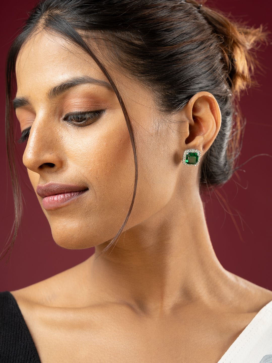 

VIRAASI Radiant Rhodium-Plated Emerald Crystals Studded Square Studs Earrings, Silver