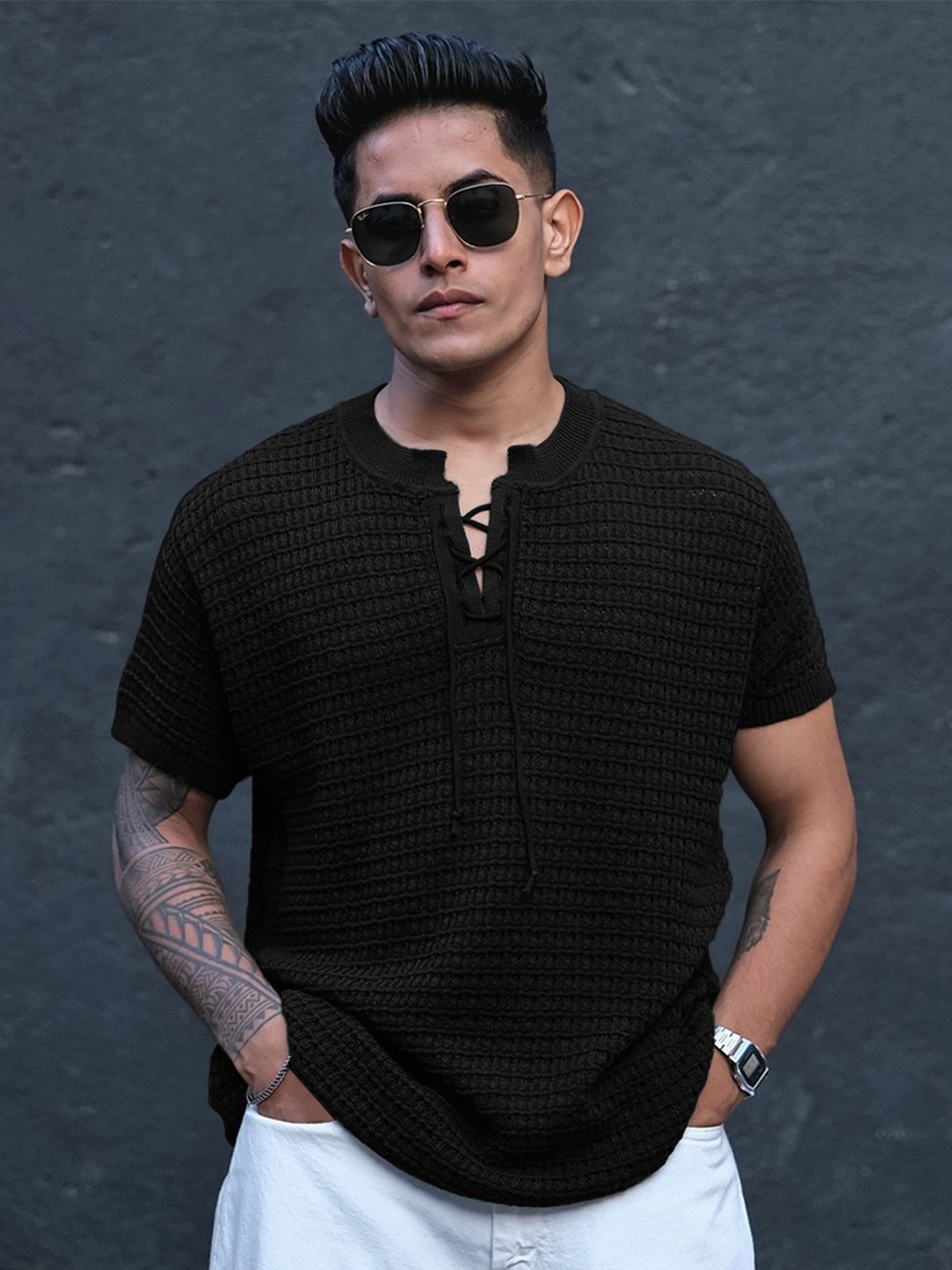 

Powerlook Men Self Design Henley Neck T-Shirt, Black