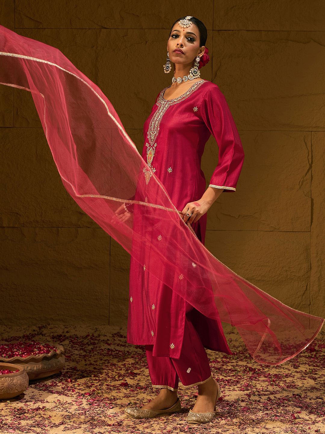 

Indo Era Ethnic Motifs Embroidered Thread Work Liva Straight Kurta with Trousers & Dupatta, Red