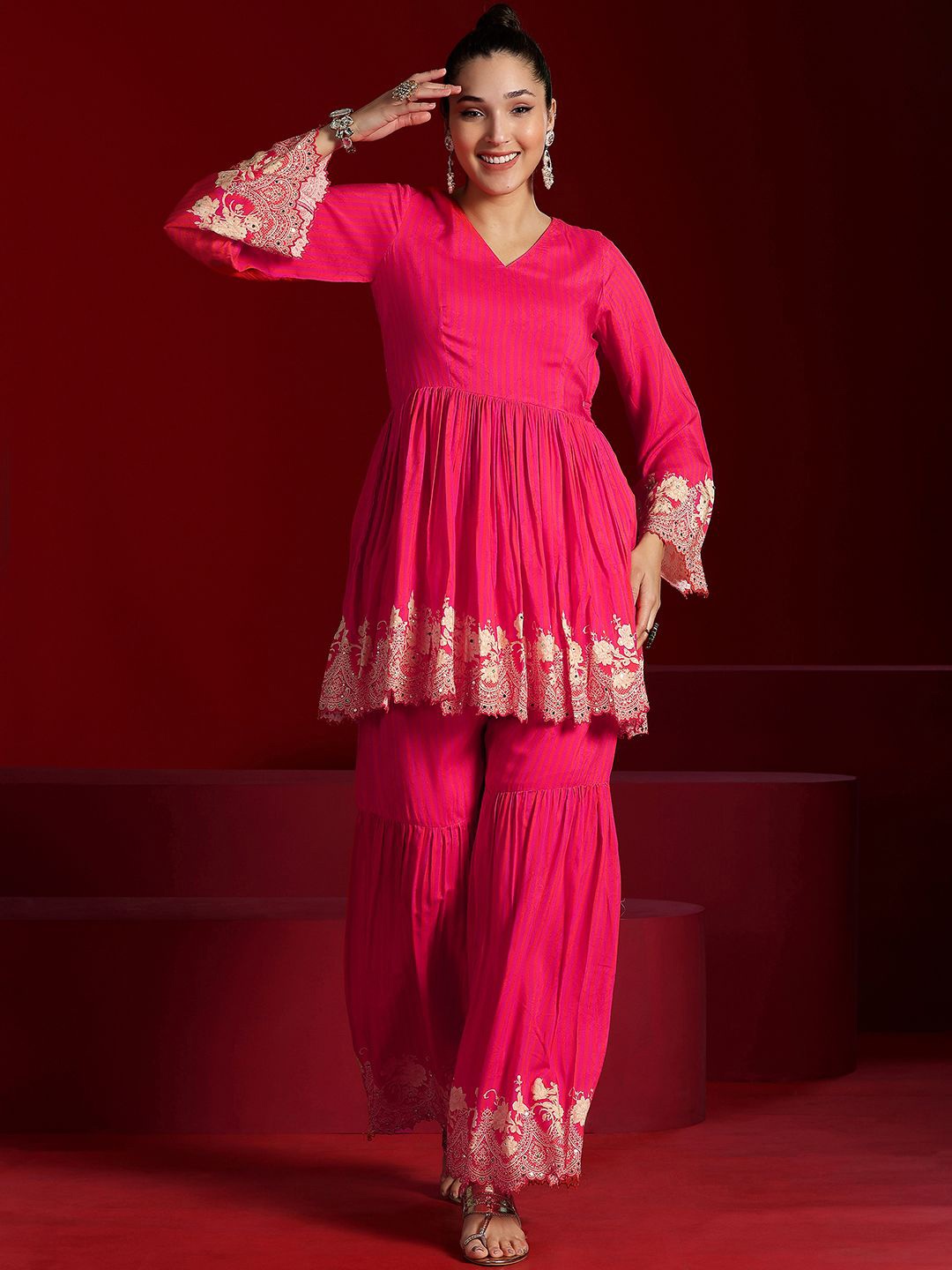 

Libas Art Floral Embroidered V-Neck Tunic With Sharara, Coral
