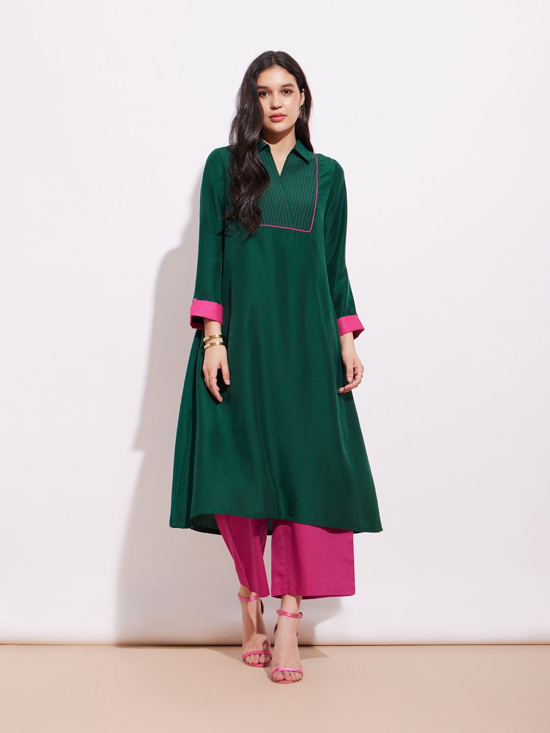 

Pink Fort A-Line Thread Work Kurta with Trousers, Green