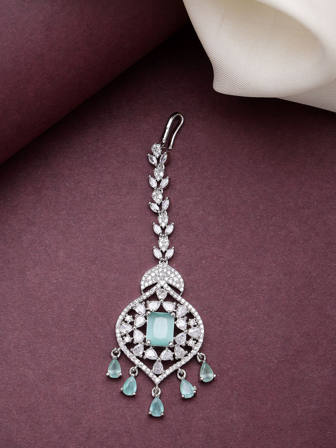 

ZENEME Rhodium Plated American Diamond Studded Maang Tikka, Silver