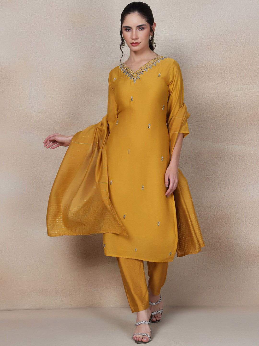 

Rang by Indya Women Floral Embroidered Regular Sequinned Kurta with Trousers & With Dupatta, Yellow