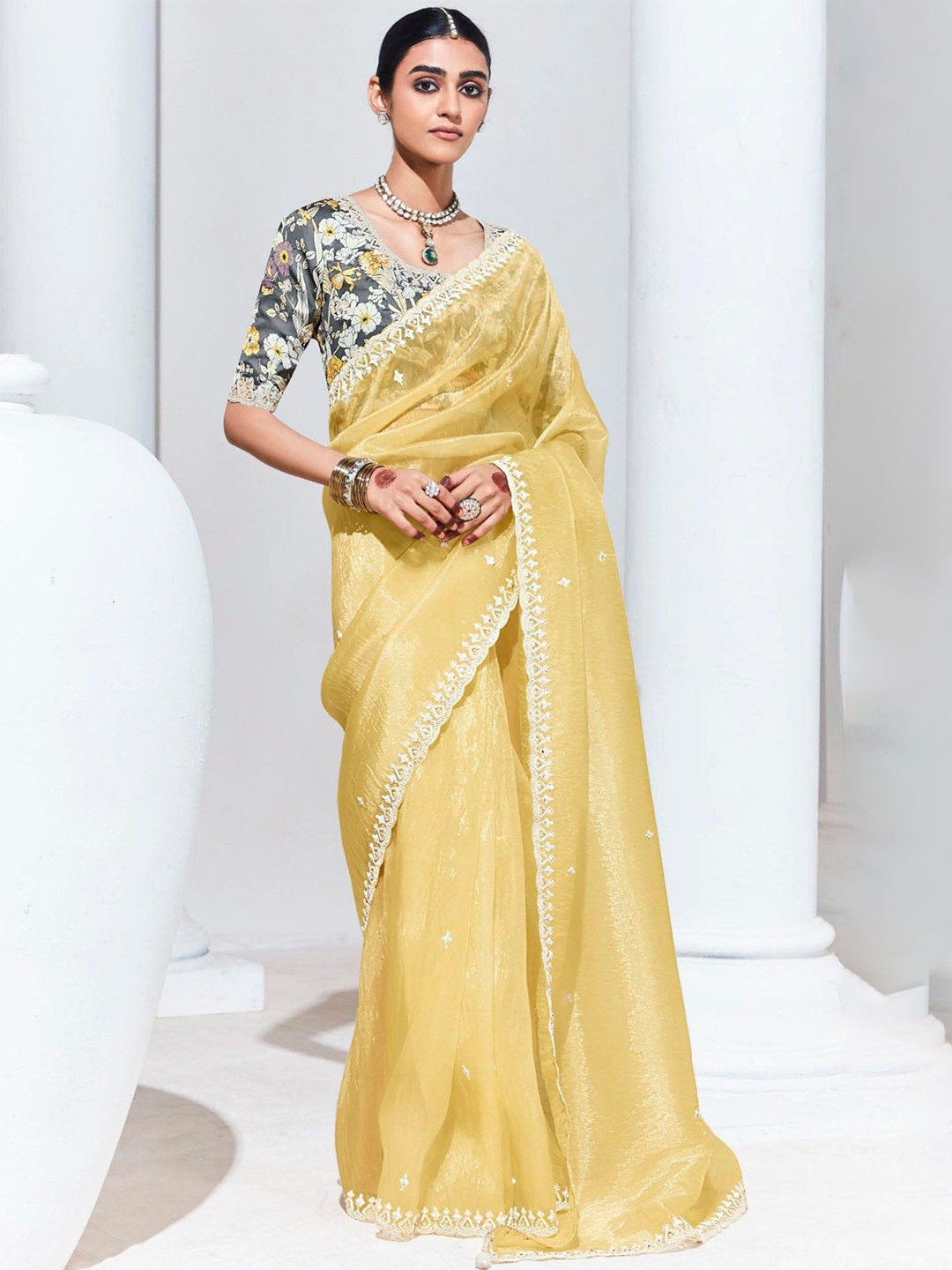 

MySilkLove Ethnic Motifs Embroidered Organza Saree, Yellow