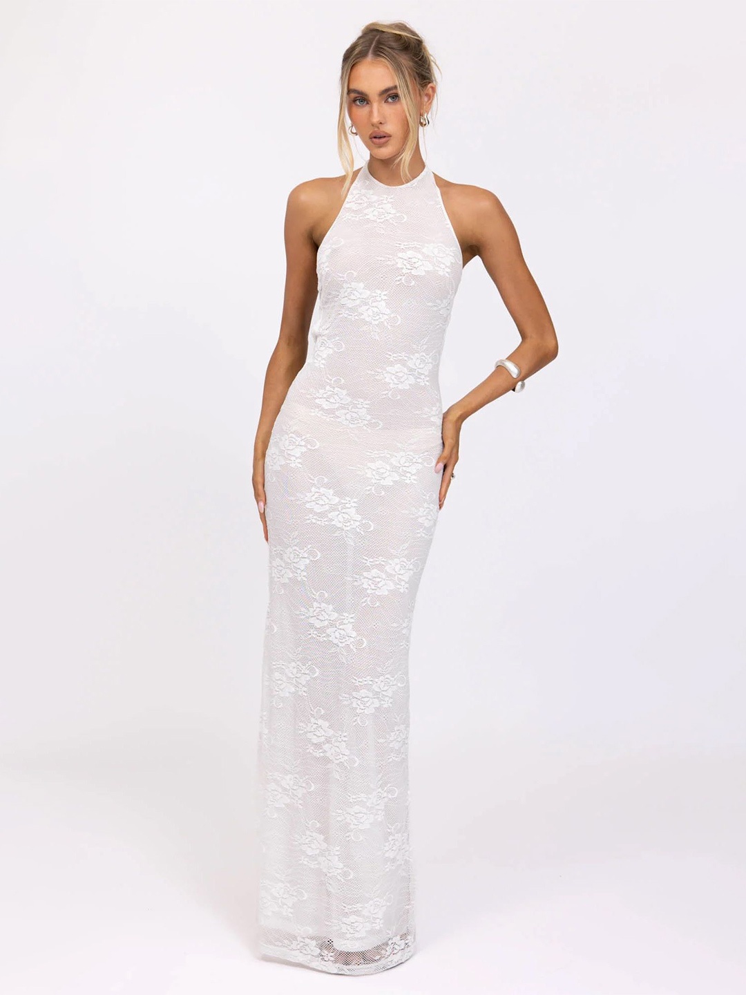 

LULU & SKY Floral Embroidered Tie-up Backless Lace Maxi Dress, White